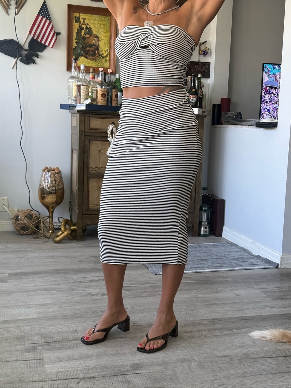 Striped Black & White Midi Pencil Skirt